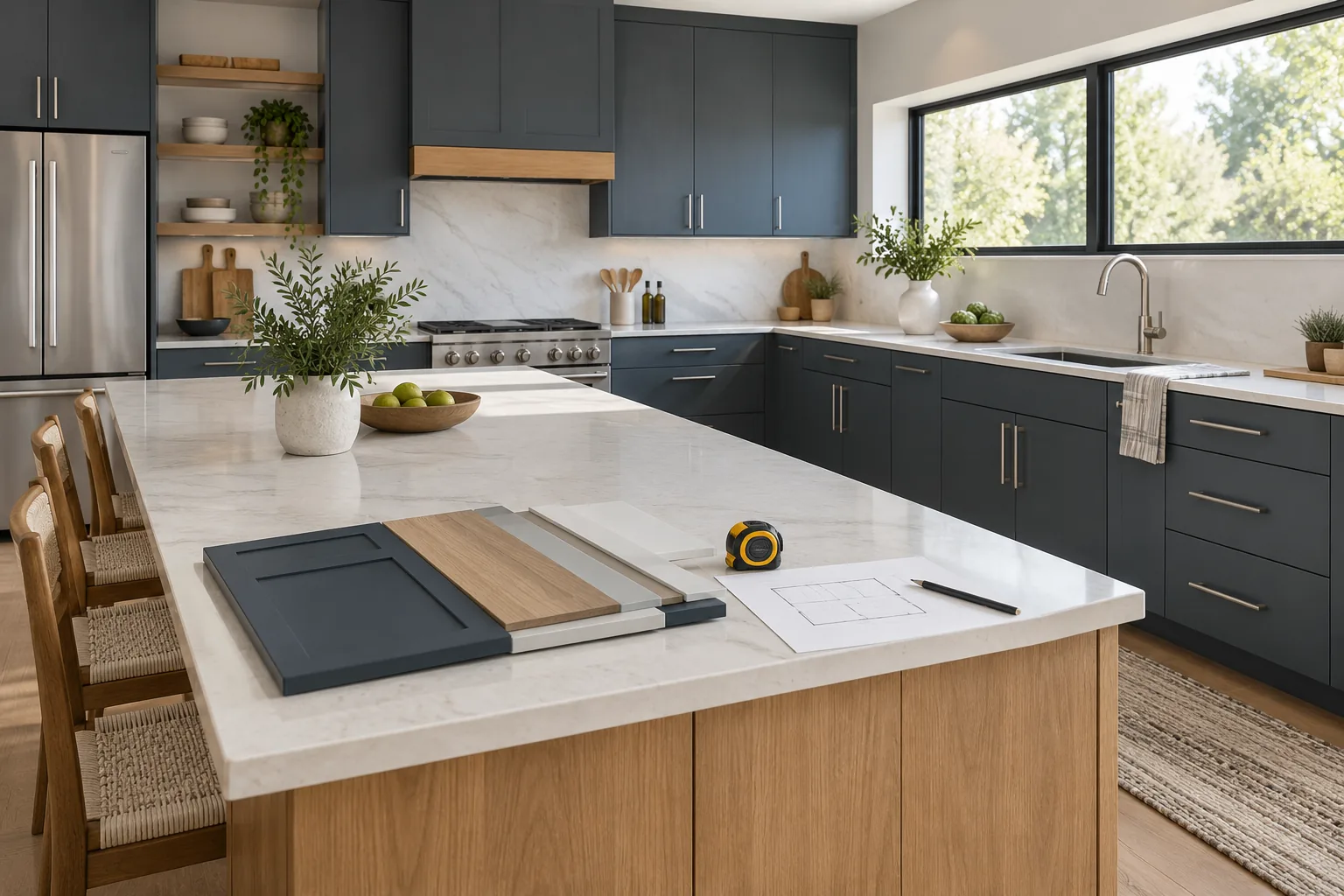 Blue charcoal kitchen cabinets and an oak island with finish samples and a tape measure