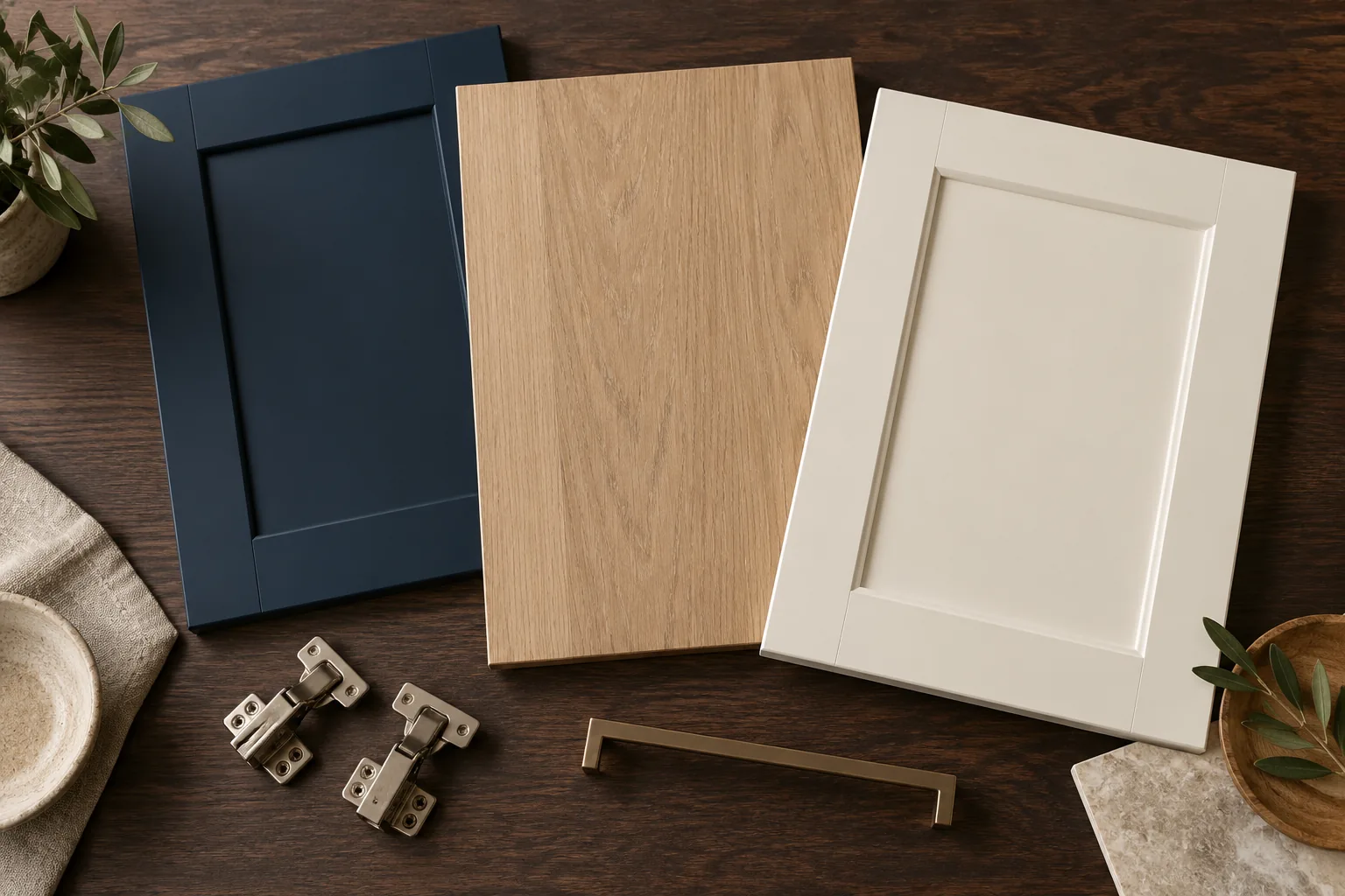 Navy, oak and ivory cabinet door samples with hinges and a bronze handle on a dark table